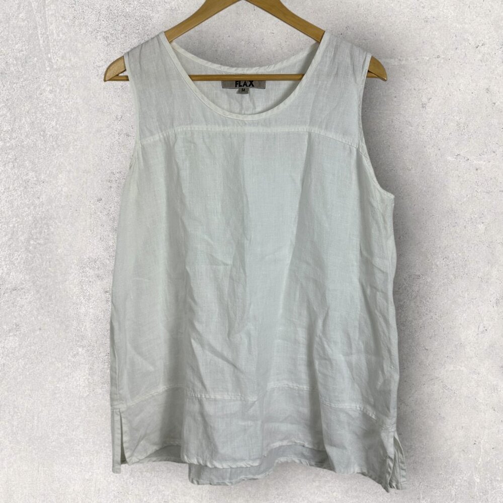 Flax 100% Linen White Sleeveless Tunic Top Womens Size Medium Minimalist Blouse